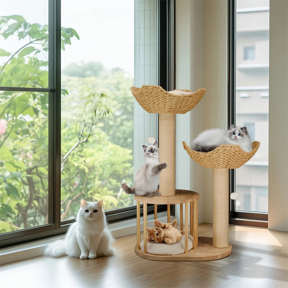 BORWART 3 Tier Cat Tree 99cm Wide Base Large Baskets Padded Perches Sisal Scratching Post Hanging Toy