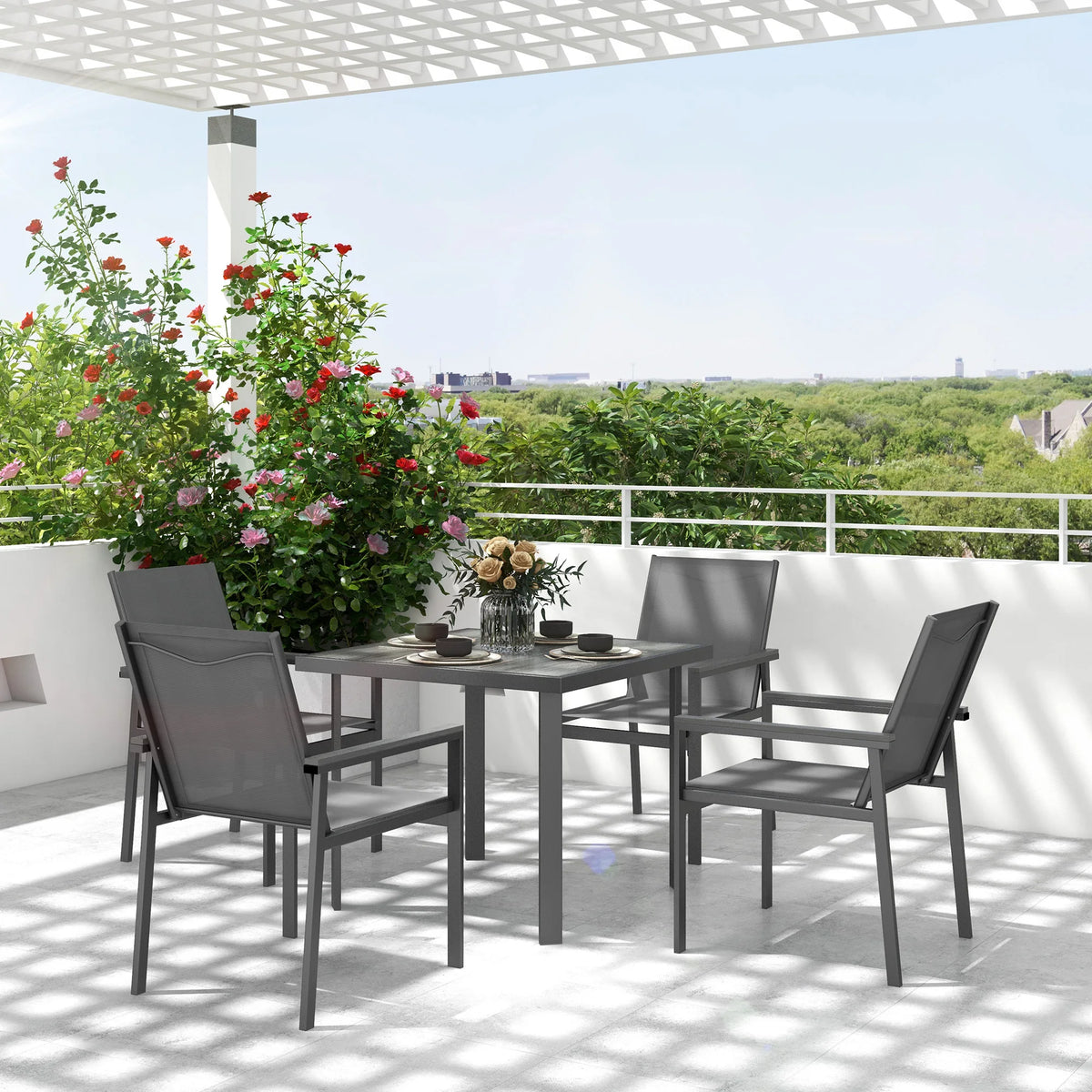 5 Piece Garden Dining Set with Glass-Top Table and 4 Texteline Fabric Armchairs