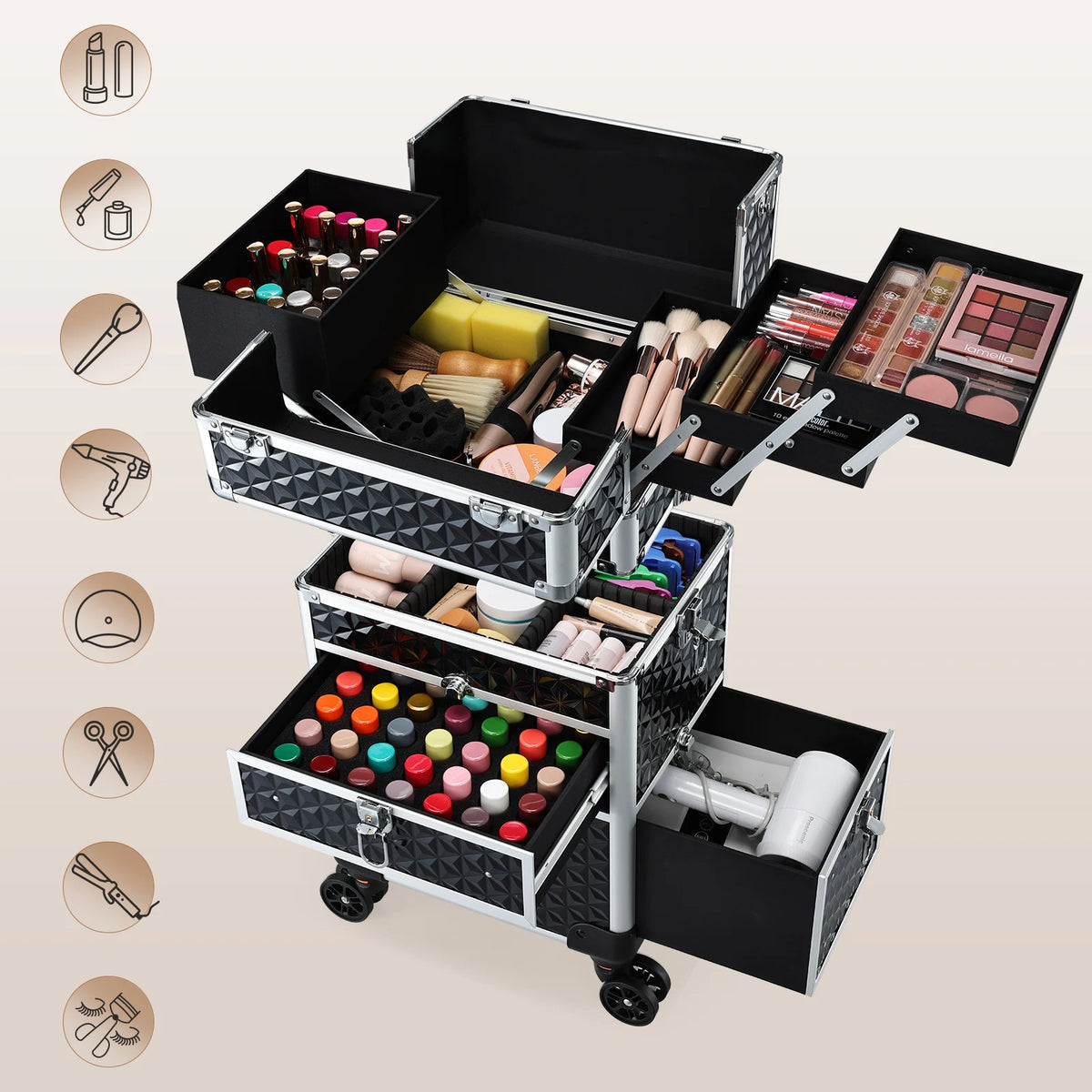 Cosmetology Case on Wheels with Large Trays and Drawers 36-55L PVC Rolling Salon Cart for Barbers and Manicure