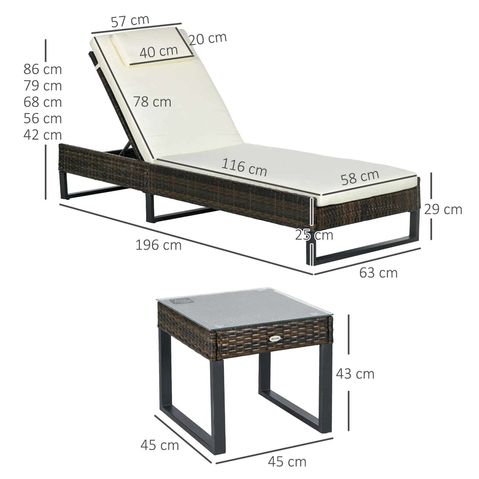 3-Piece PE Rattan Sun Lounger Set with 5-Position Recline, Cushions, Headrests and Glass Side Table