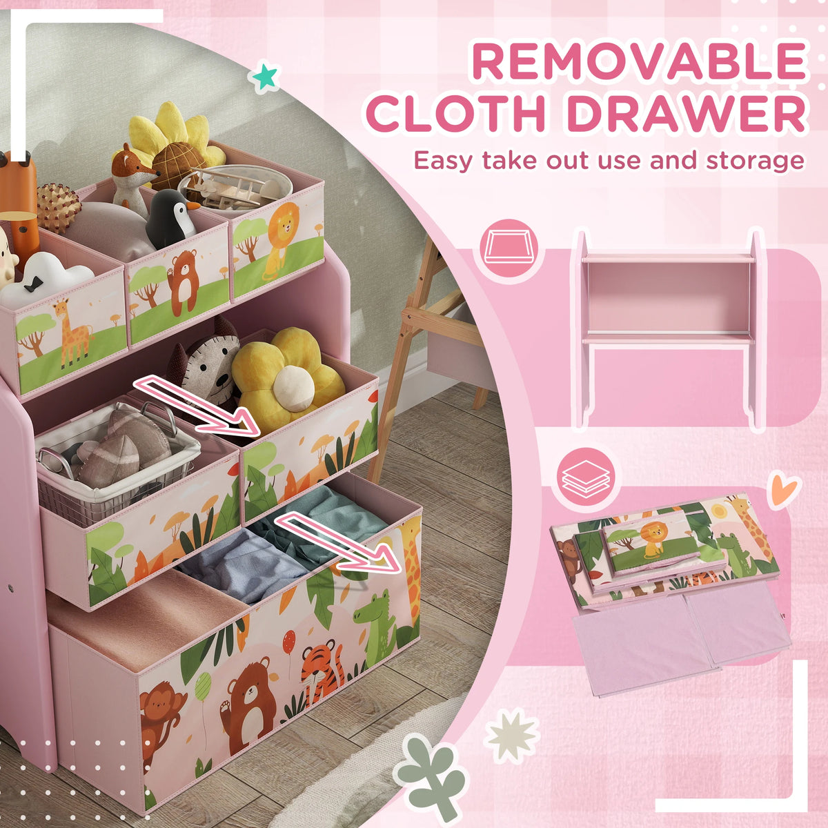 Kids Toy Storage Unit 3 Tier 63x30x66cm with 6 Removable Fabric Boxes MDF Rounded Edges Pink