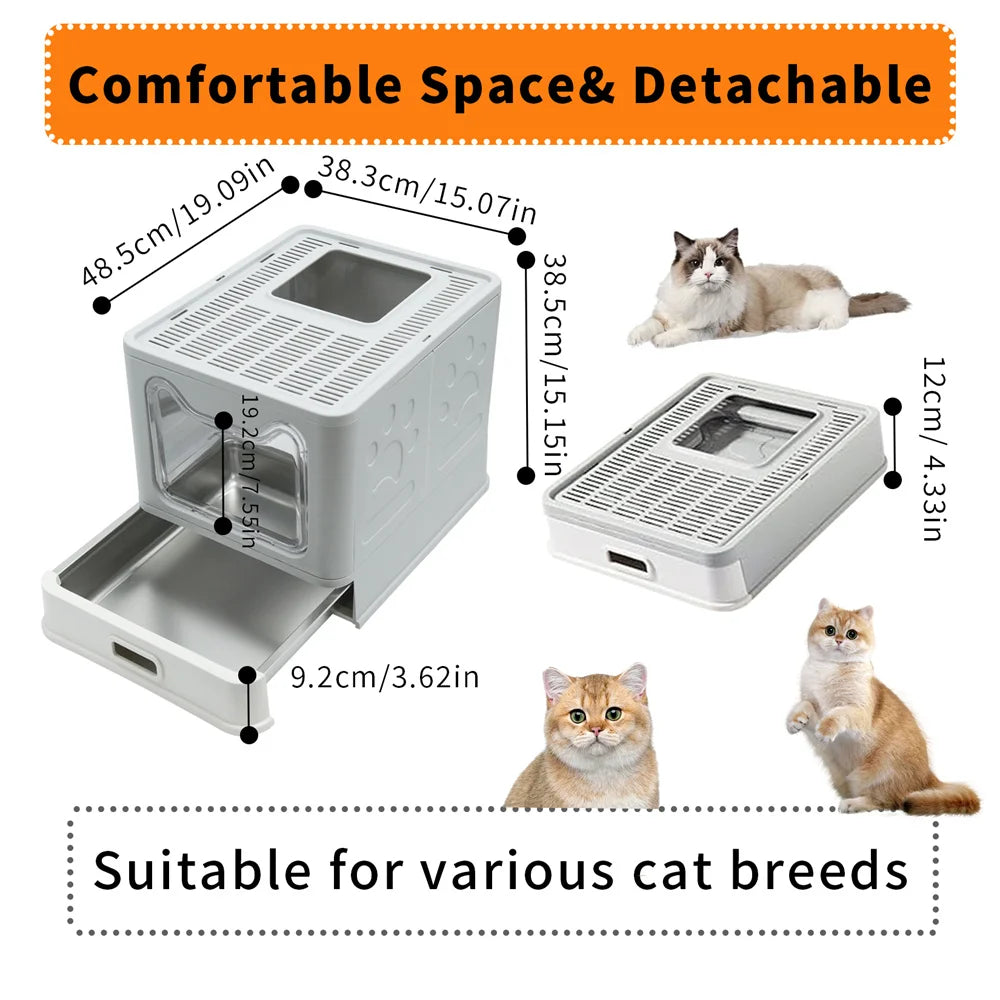 Enclosed Cat Litter Box for Kittens, Top Entry Tray with Steel Drawer