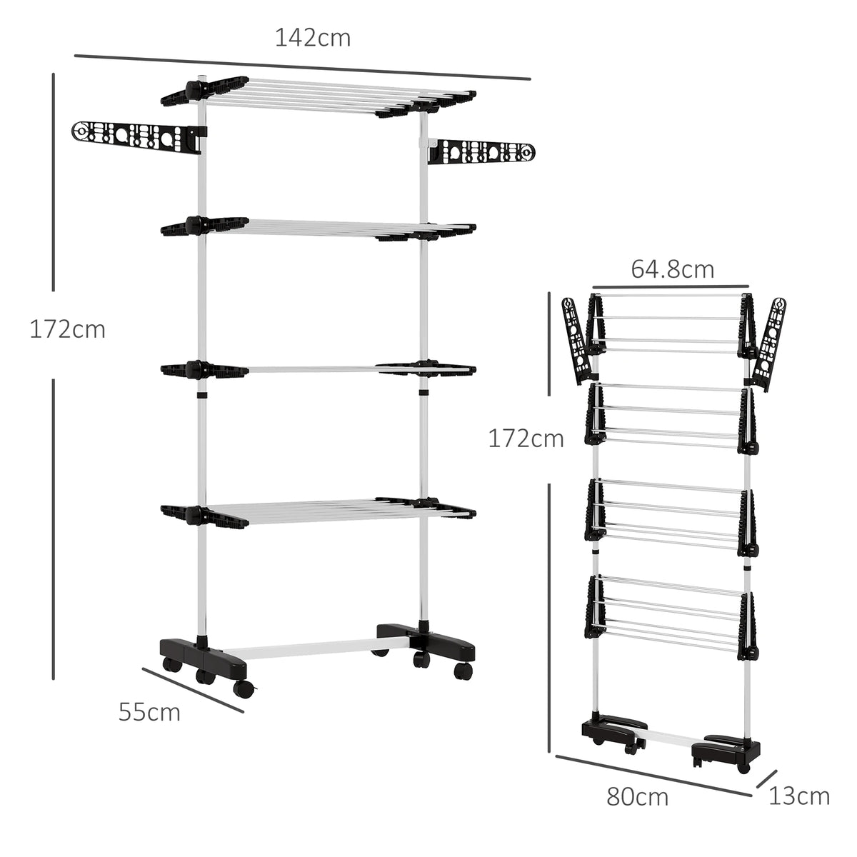 4-Tier Stainless Steel Clothes Airer with Wheels, Folding Drying Rack