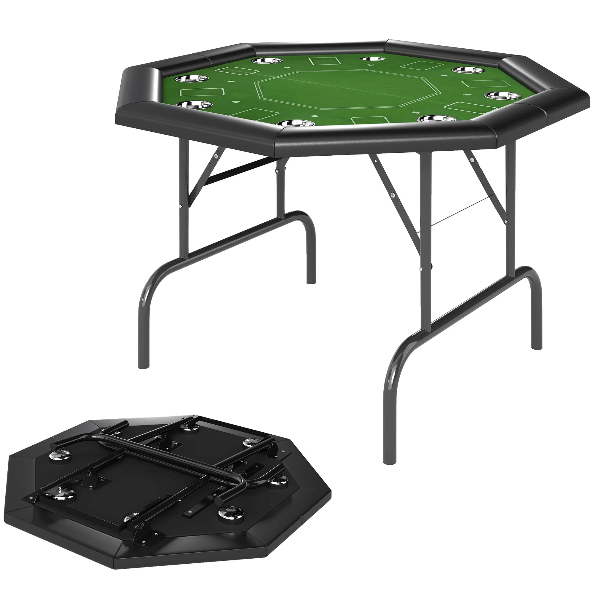 8 Player Folding Poker Table 120x120cm Octagon Felt Surface with Cup Holders Padded Edge Green Black