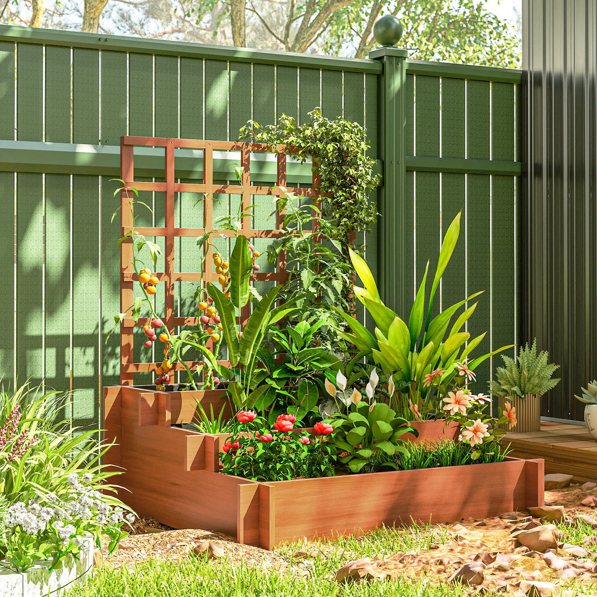 3 Tier Wooden Planters with Trellis, Outdoor Raised Beds for Garden, Natural