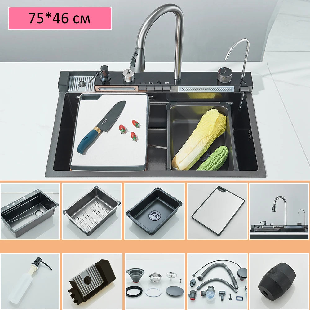 60 x 45cm Stainless Steel Single Bowl Kitchen Sink with Waterfall Faucet and Cup Washer, Above Counter