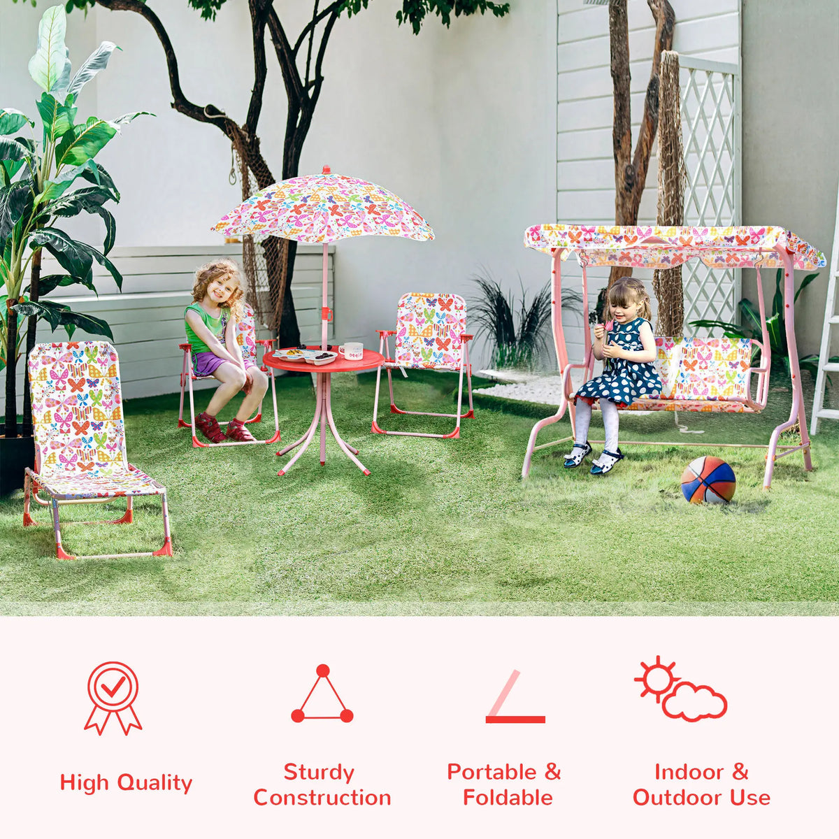 Kids Folding Picnic Table and Chair Set with Parasol Butterfly Pattern 2 Deck Chairs Metal Frame