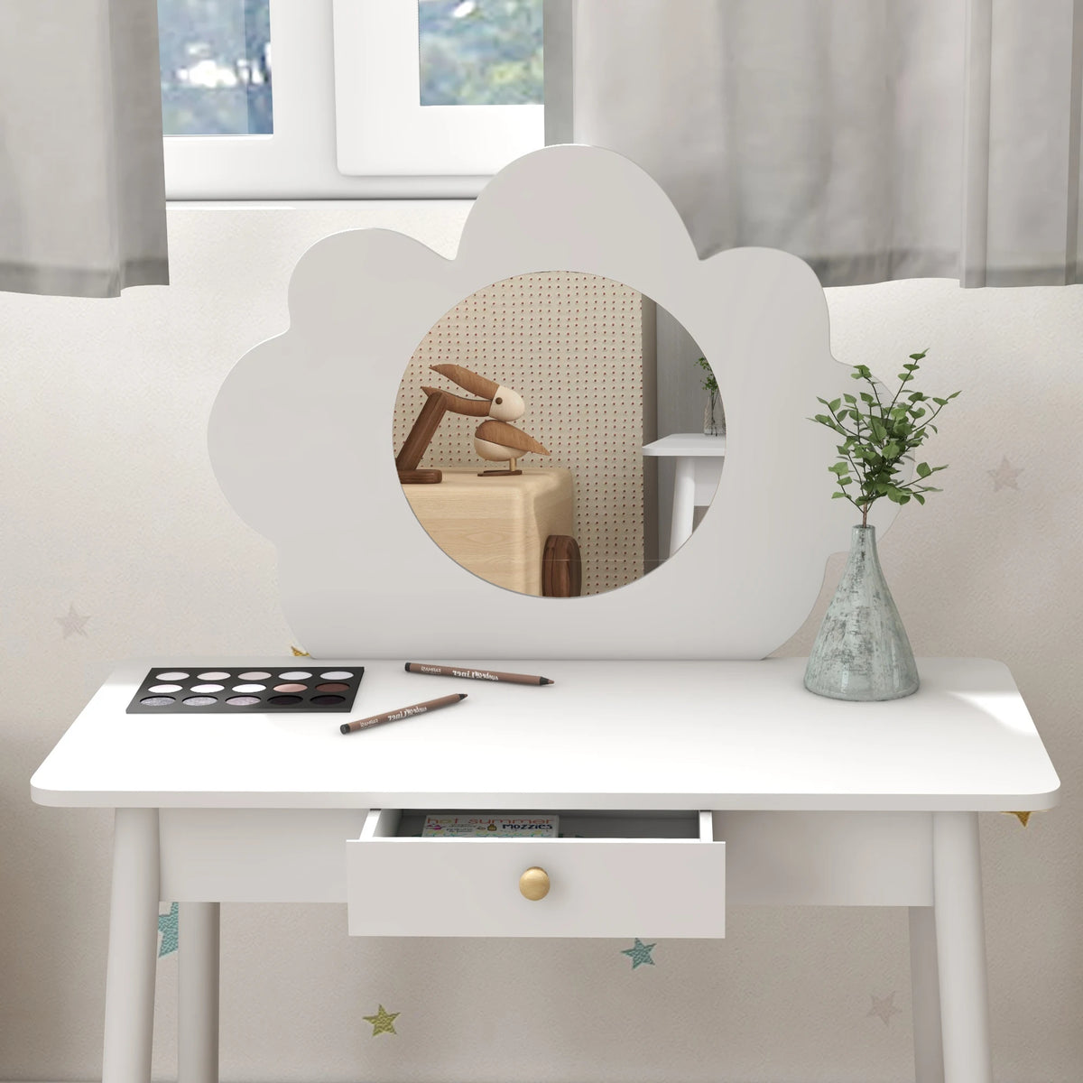 Kids Dressing Table and Stool Set with Cloud Mirror and Drawer, Ages 3–6, White
