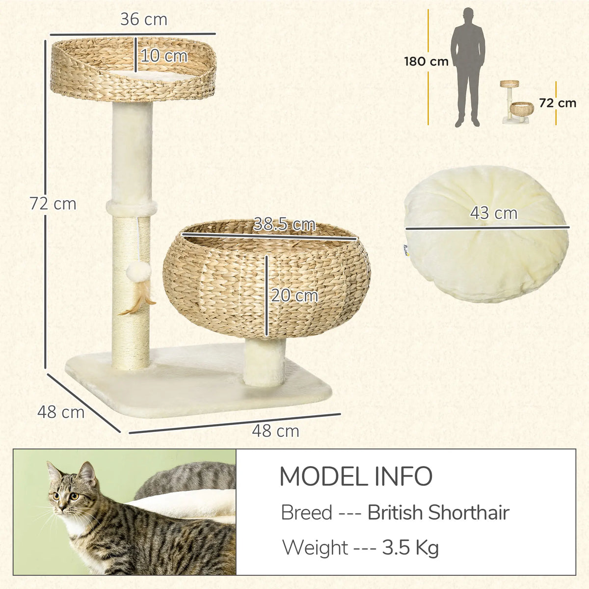 PawHut 72cm Cat Tree Kitten Tower 2 Beds Scratching Post Toy Ball Beige