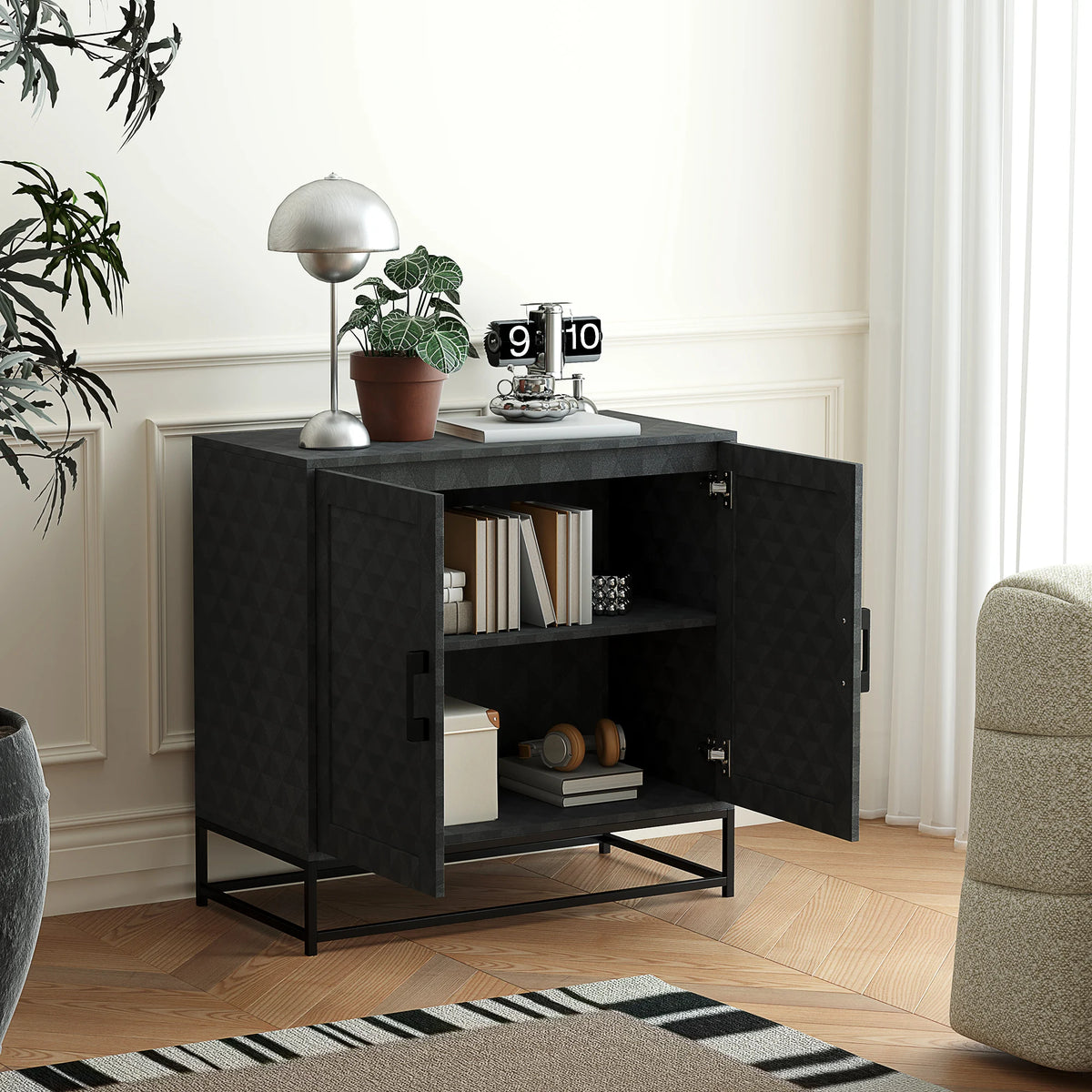 Modern Sideboard Storage Cabinet with 2 Doors and Adjustable Shelf, Black