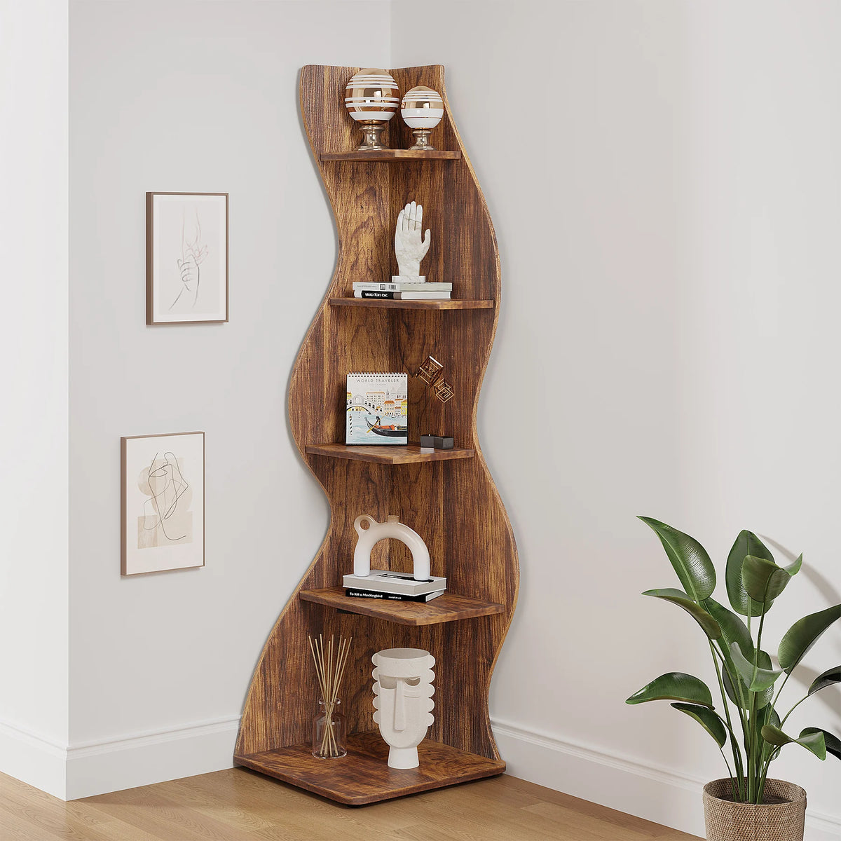 5-Tier Rustic Corner Wall Bookshelf with Sea Grass Design | Vintage Brown Corner Shelf Plant Stand