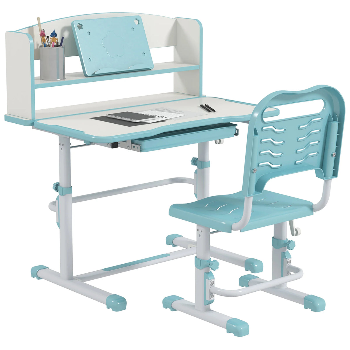 Kids Study Desk and Chair Set Height Adjustable 45 Degree Tilting Top with Drawer Bookshelf and Non Slip Mat