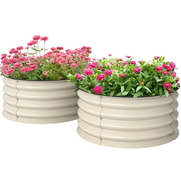 Set of 2 Round Steel Raised Garden Planters with Safety Edging, Cream White