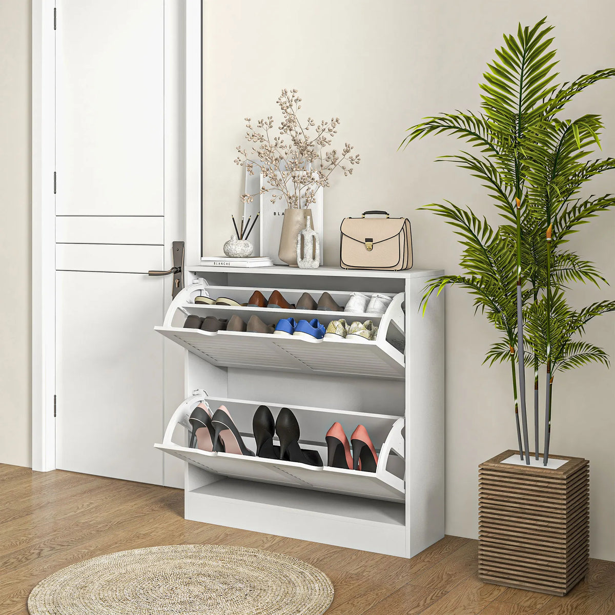 Slim Shoe Storage Cabinet with 2 Flip Drawers for Entryway, White