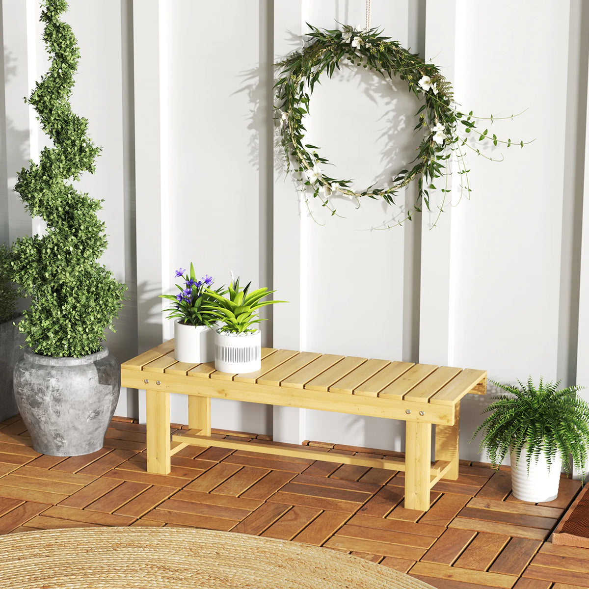 2 Seater Wooden Garden Bench 110x38x35cm Solid Fir Slatted Seat with Foot Bar Weather Resistant Paint Natural