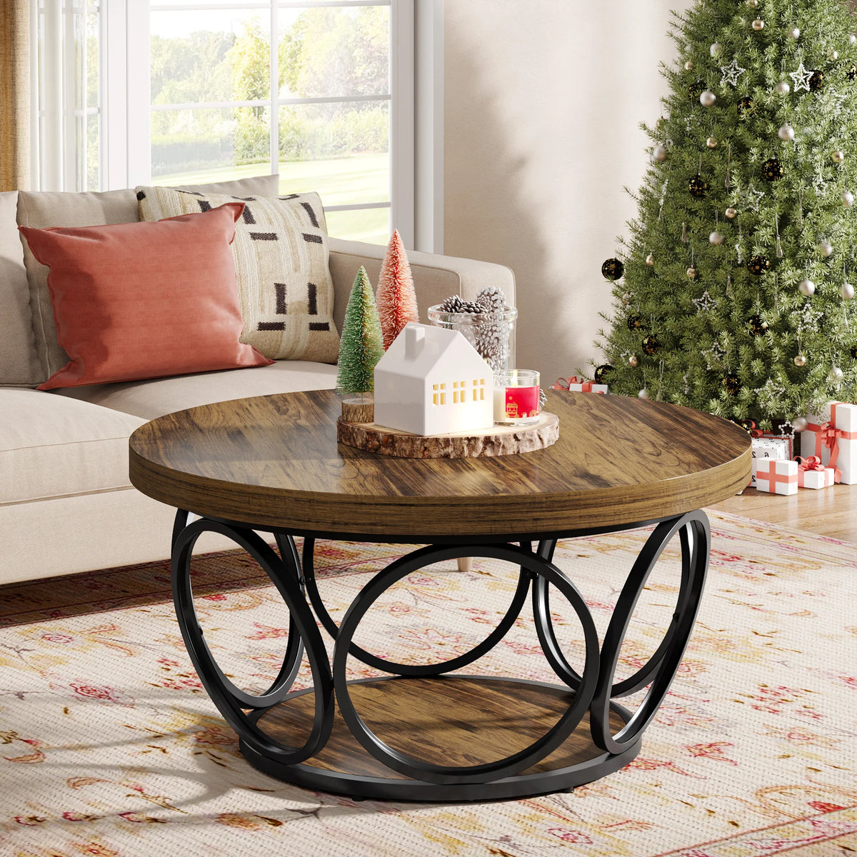 Round Coffee Table 80cm Wooden Center Table with 2 Tier Storage Farmhouse Style