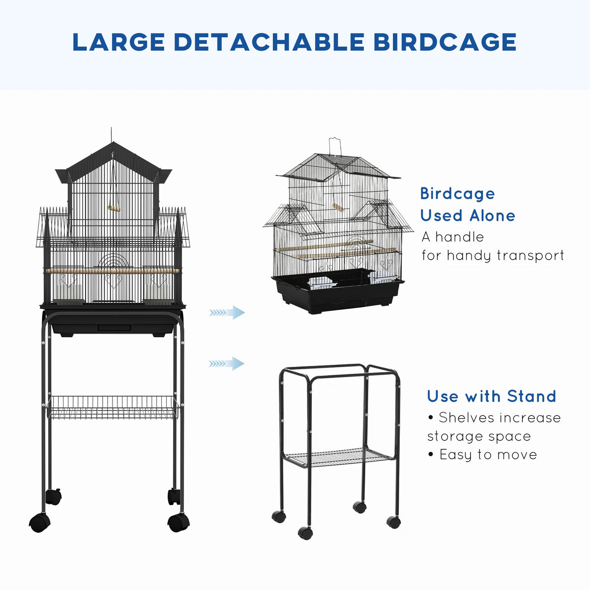Metal Bird Cage with Stand, Wheels, Perches and Feeders for Finches and Canaries, Black