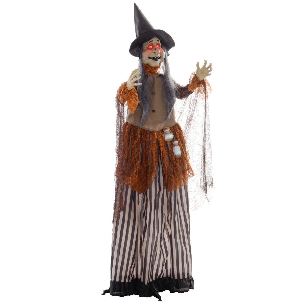 Black animated Halloween witch prop with glowing potion bottle