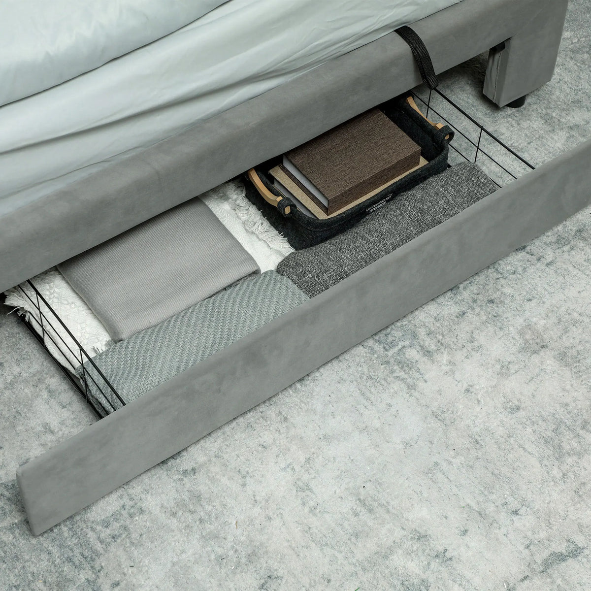 King Size Ottoman Bed Frame with Hydraulic Lift Storage 157.5x203.5cm Front Drawer Adjustable Velvet Headboard