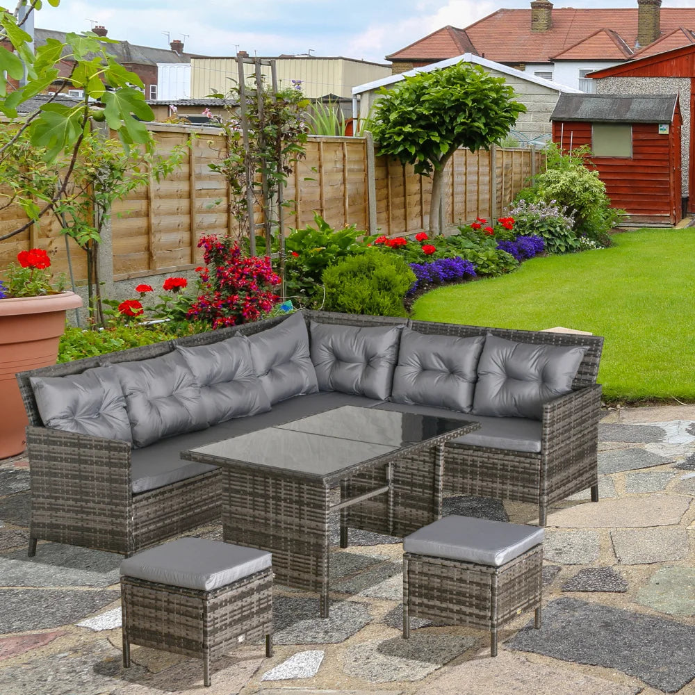 8-Seater Rattan Outdoor Dining Sofa Set with Wicker Coffee Table and Footstools, Grey