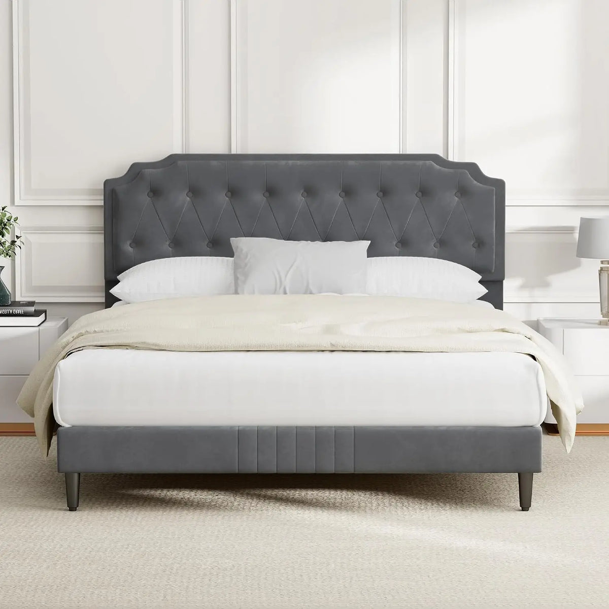 Chelsey Upholstered Bed Frame with Button Tufted Headboard, Fixed-Height Design, No Box Spring Needed