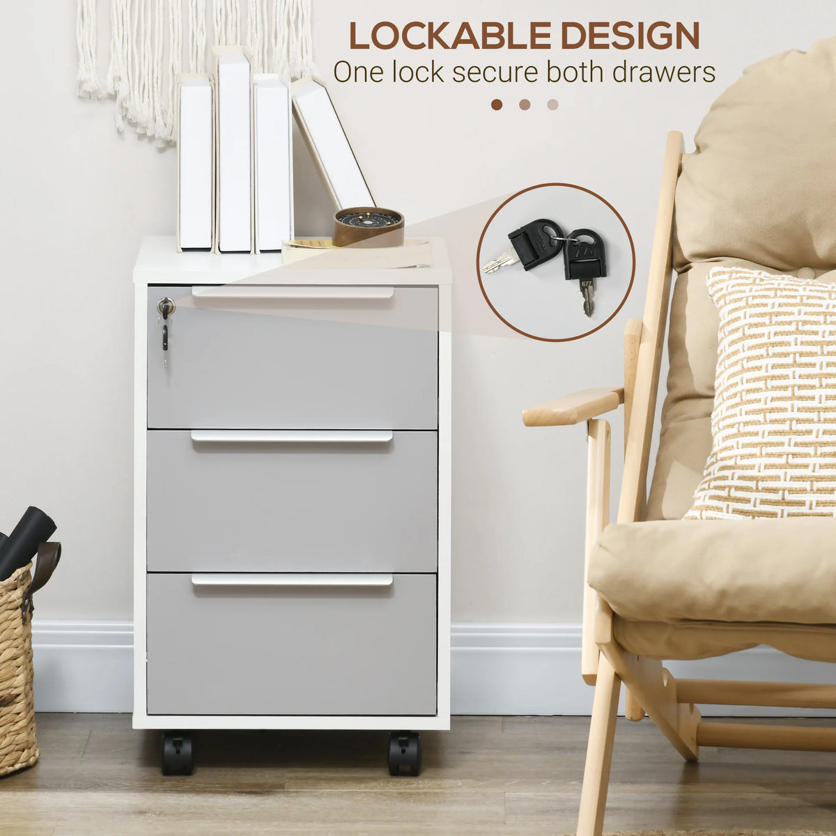 Mobile Filing Cabinet 3 Drawers with Central Locking 4 Swivel Casters 2 Braked Spacious Top