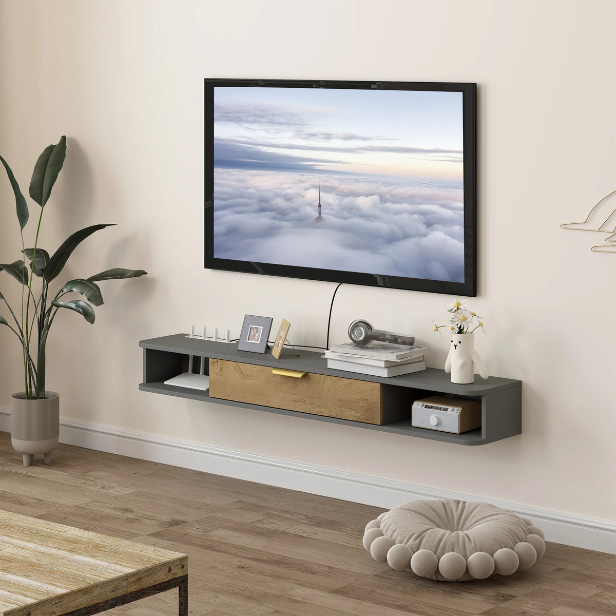 140cm Floating TV Unit with Storage, Wall-Mounted Media Console, Grey