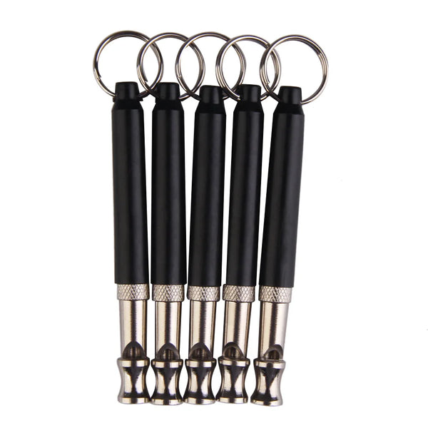 Ultrasonic Dog Training Whistle Copper Adjustable Silent Whistle with Keyring 9cm Silver and Black
