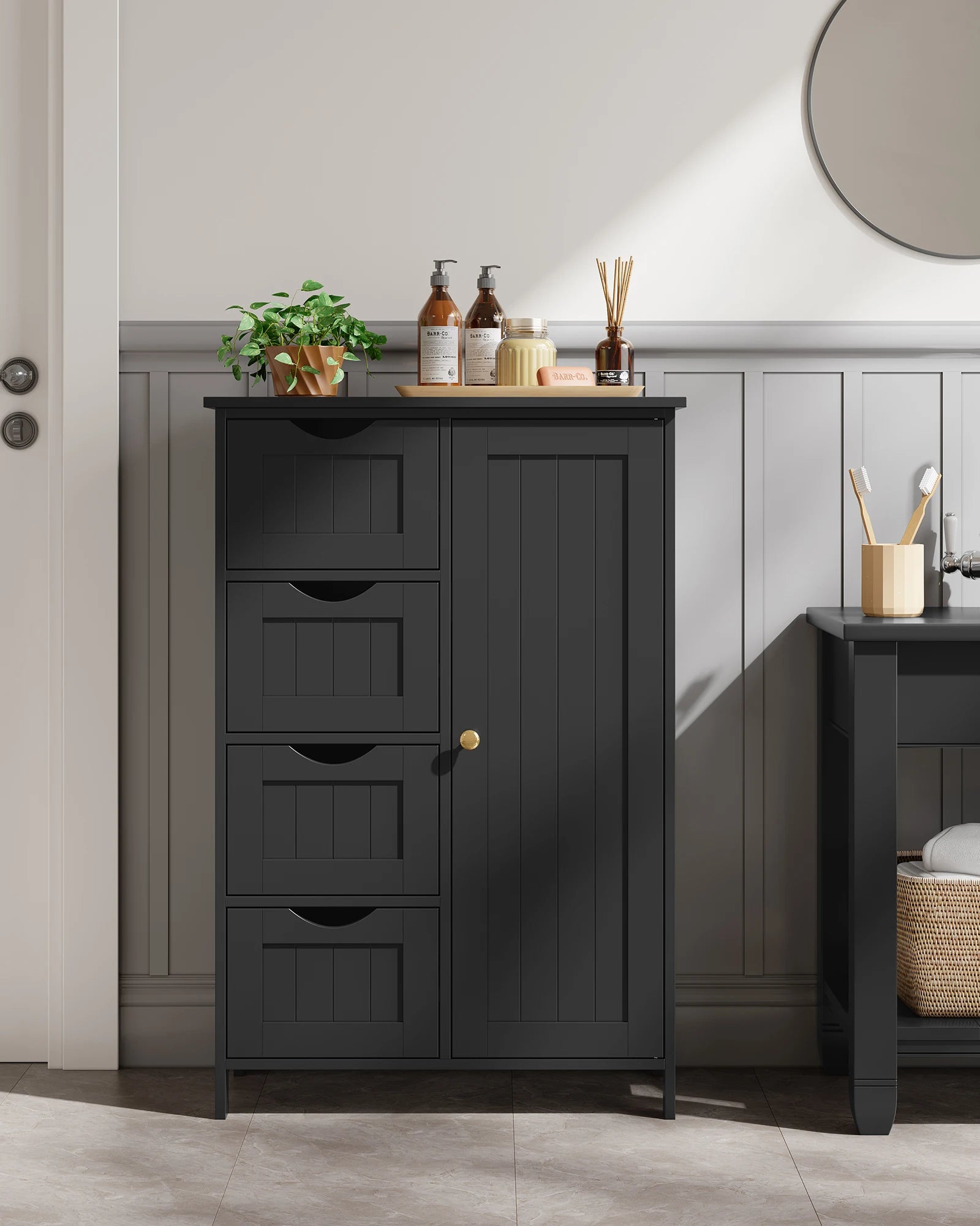 Black Bathroom Floor Cabinet with 4 Drawers and Adjustable Shelf | 30x55x82cm Freestanding Storage Unit with Door