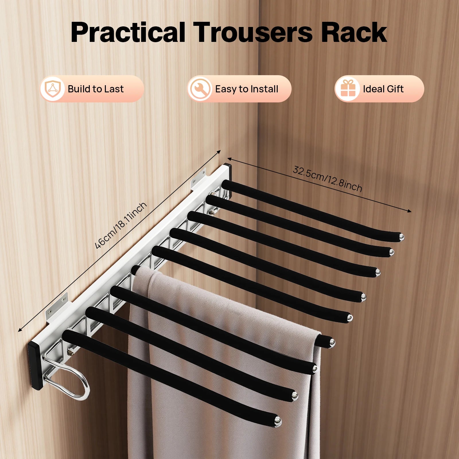 9 Rod Wall Mount Pants Rack 16kg Load Silent Slide Flocking for Trousers Ties Scarves Wardrobe Organiser