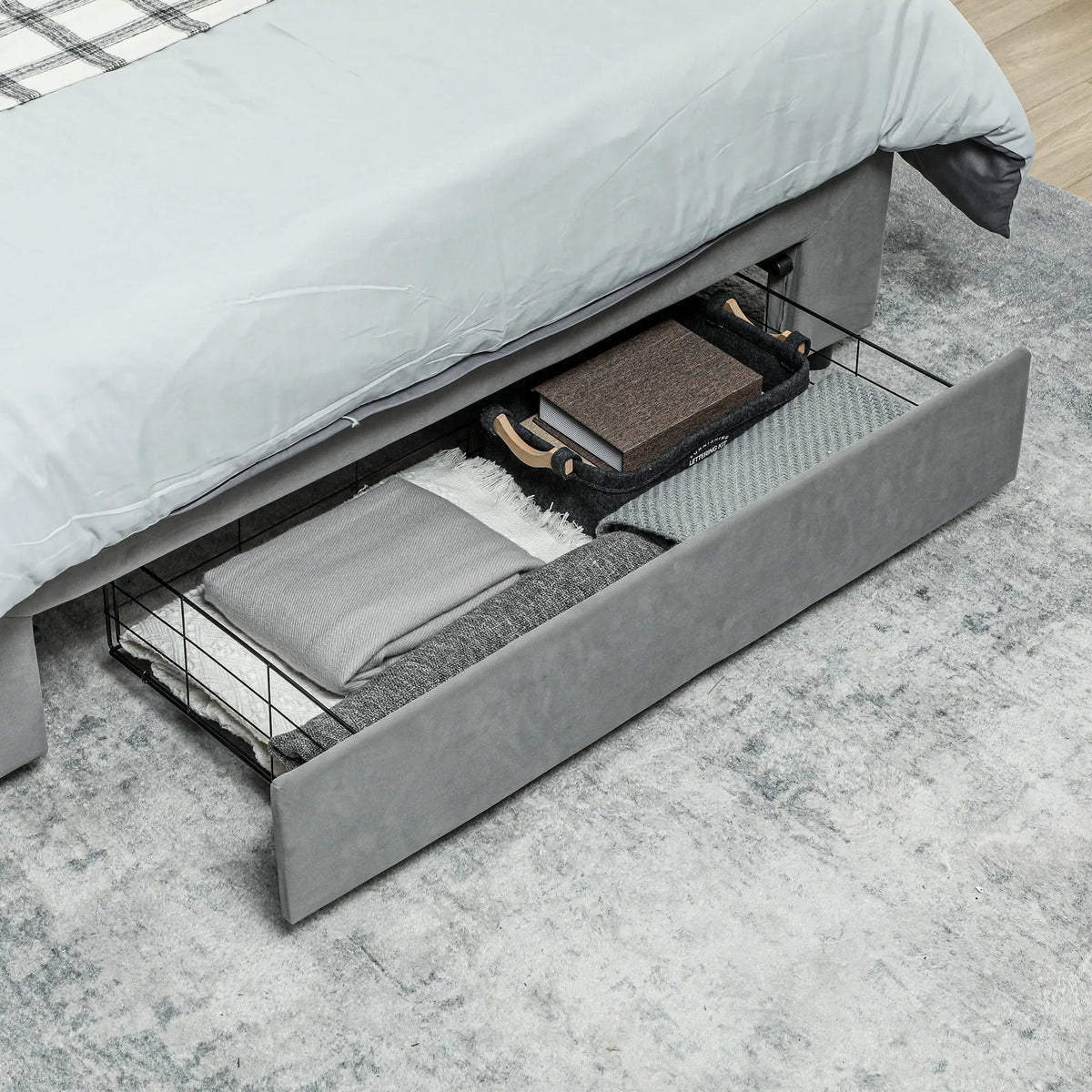 Double Ottoman Bed Frame with Hydraulic Lift Storage 140x193.5cm Wheeled Front Drawer Adjustable Velvet Headboard