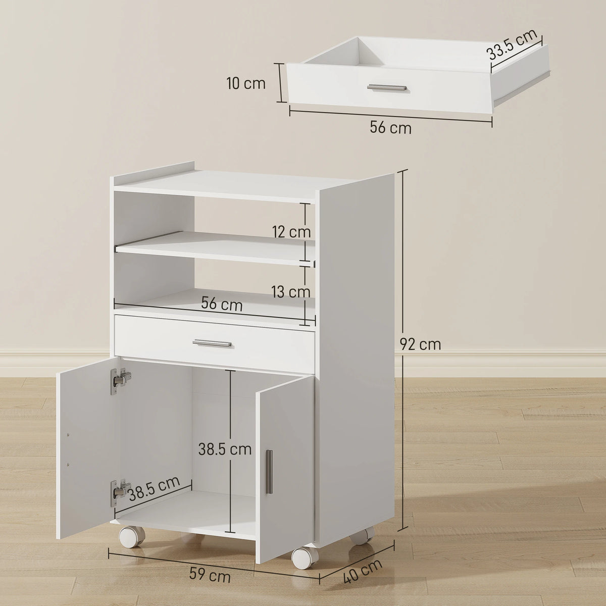 Kitchen Trolley Microwave Stand on Wheels with Slide-Out Shelf, Drawer and Cupboard, White