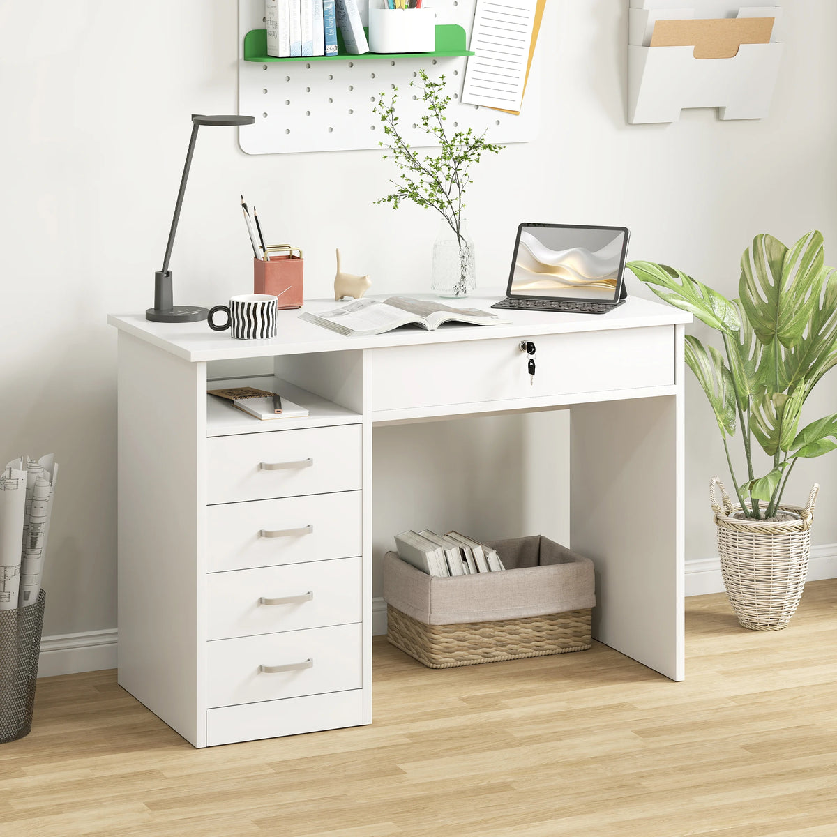 Computer Desk with 5 Drawers and Lockable Drawer, Home Office Writing Desk, 110 x 50 x 76 cm, White