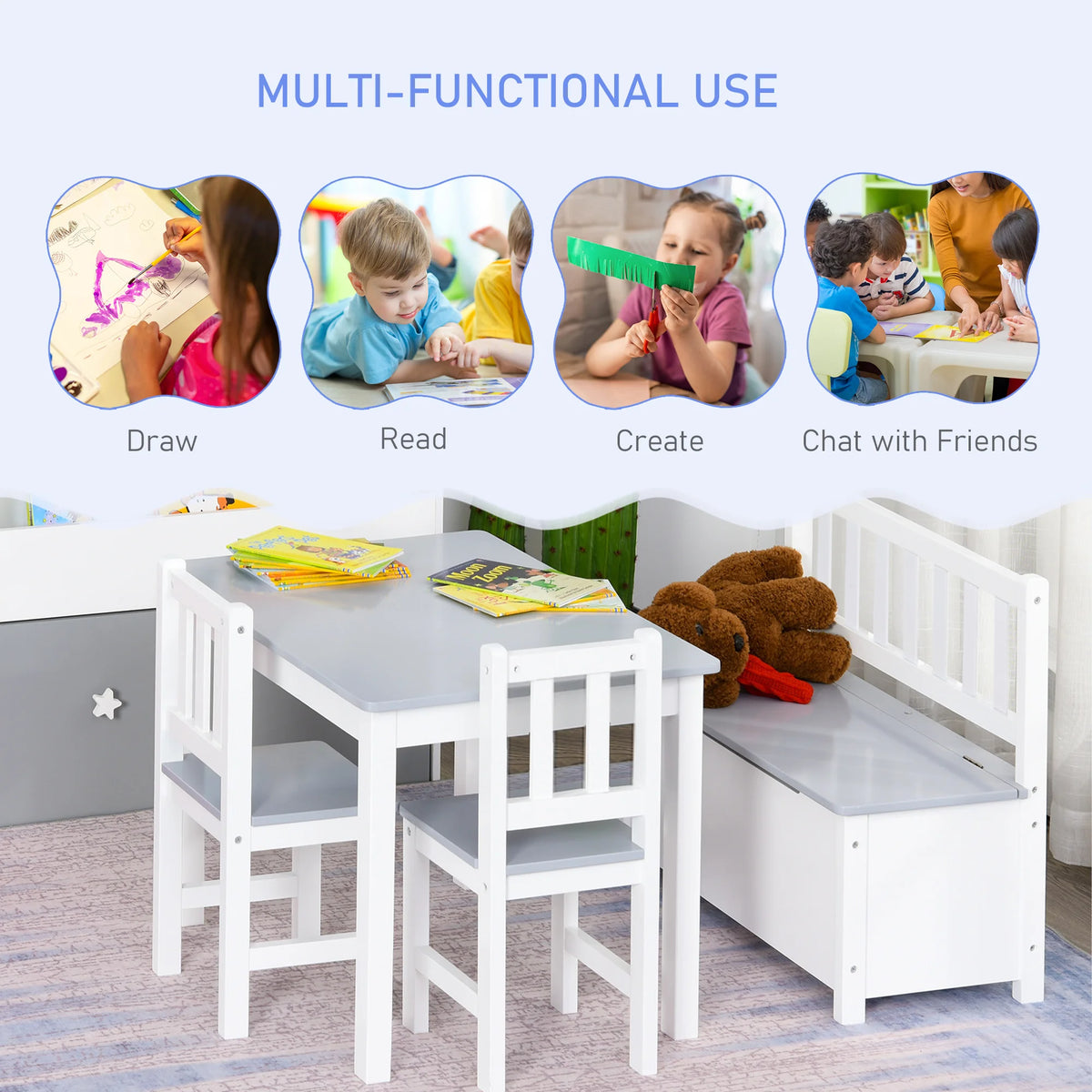 4-Piece Kids Table and Chair Set with Storage Bench