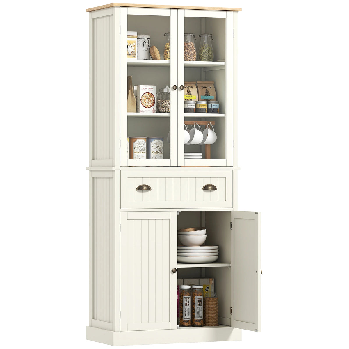 5 Tier Kitchen Cupboard with Glass Doors and Adjustable Shelves, 76 x 40 x 182.5 cm, Cream