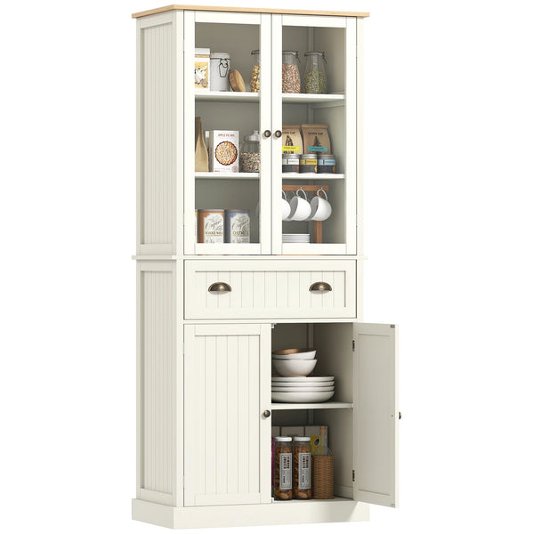 5 Tier Kitchen Cupboard with Glass Doors and Adjustable Shelves, 76 x 40 x 182.5 cm, Cream