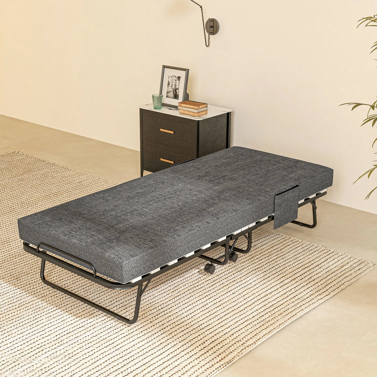Folding Guest Bed with 10 cm Mattress and Lockable Wheels, Single 190 x 80 cm, Dark Grey