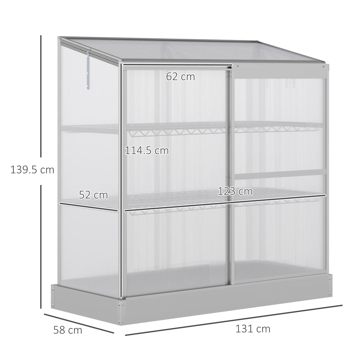 Aluminium Polycarbonate Cold Frame Greenhouse with 2 Shelves, 131 x 58 x 140cm