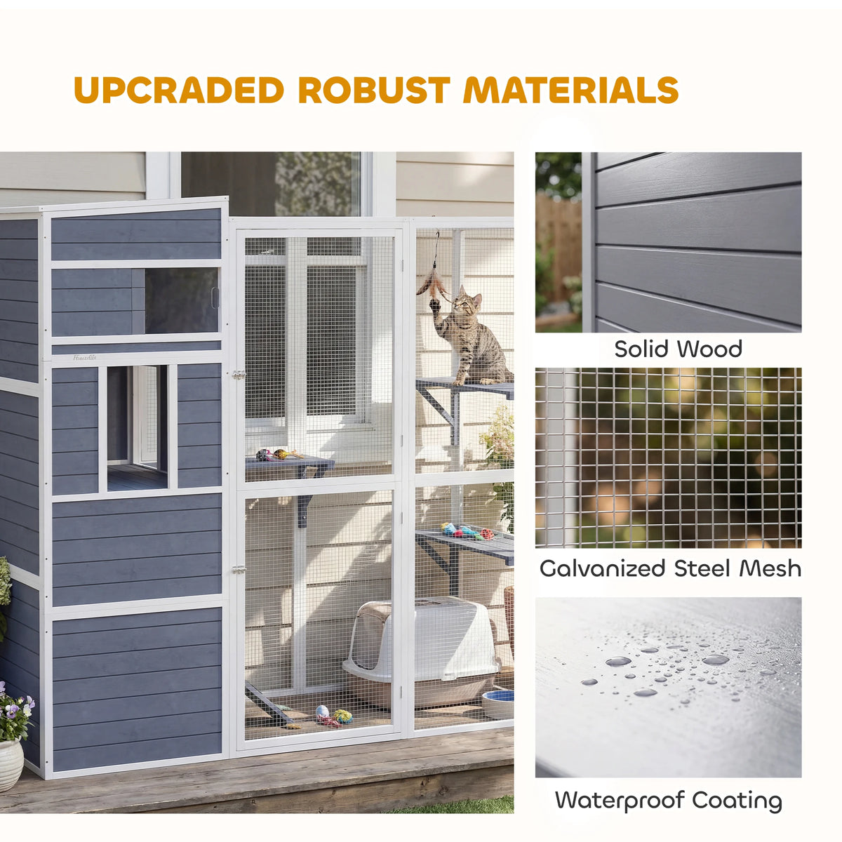 Wooden Catio with Spacious Resting Rooms, 3 Platforms, Window, Grey