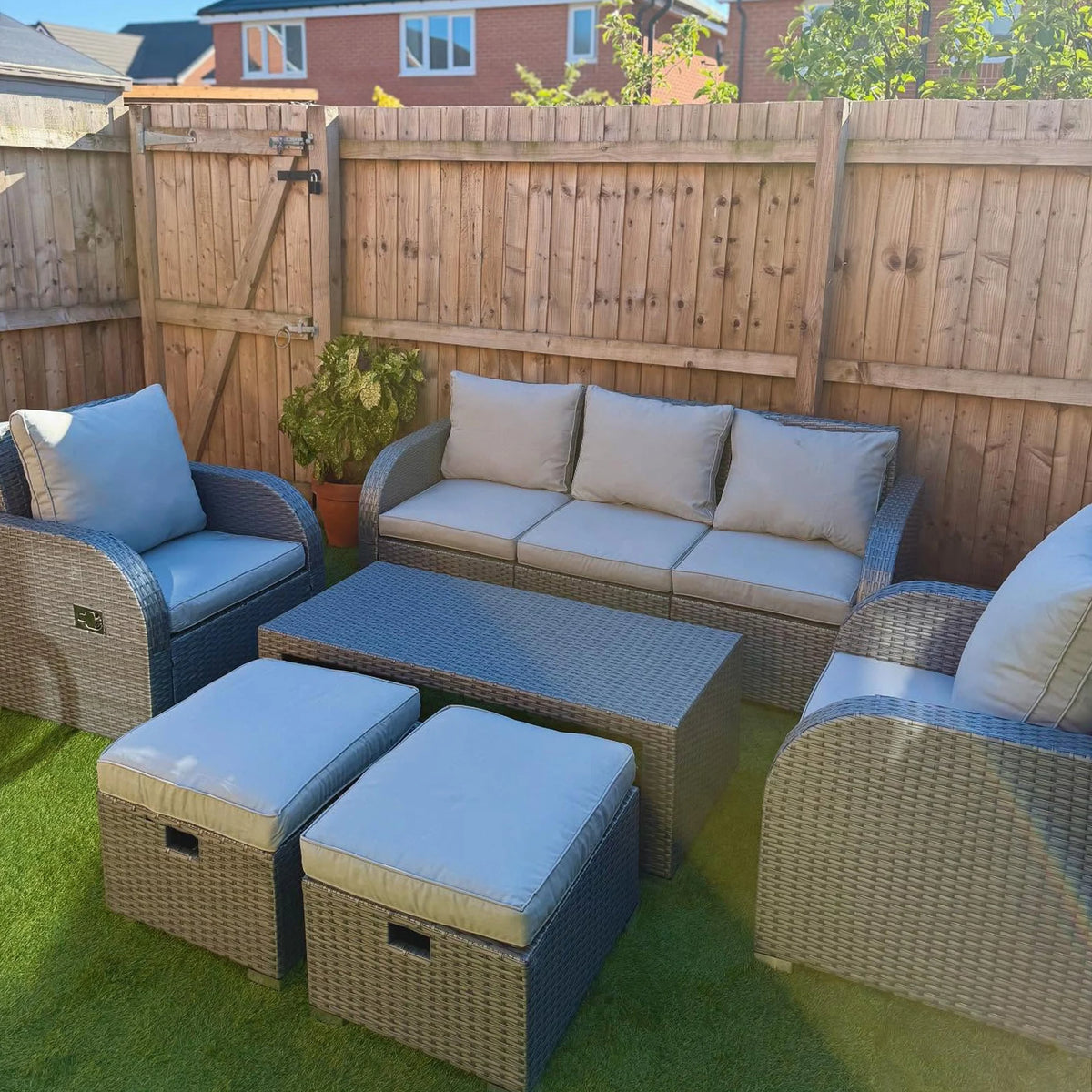 6 Piece Rattan Garden Sofa Set 3 Seater 2 Reclining Armchairs 2 Footstools Table Powder Coated Steel