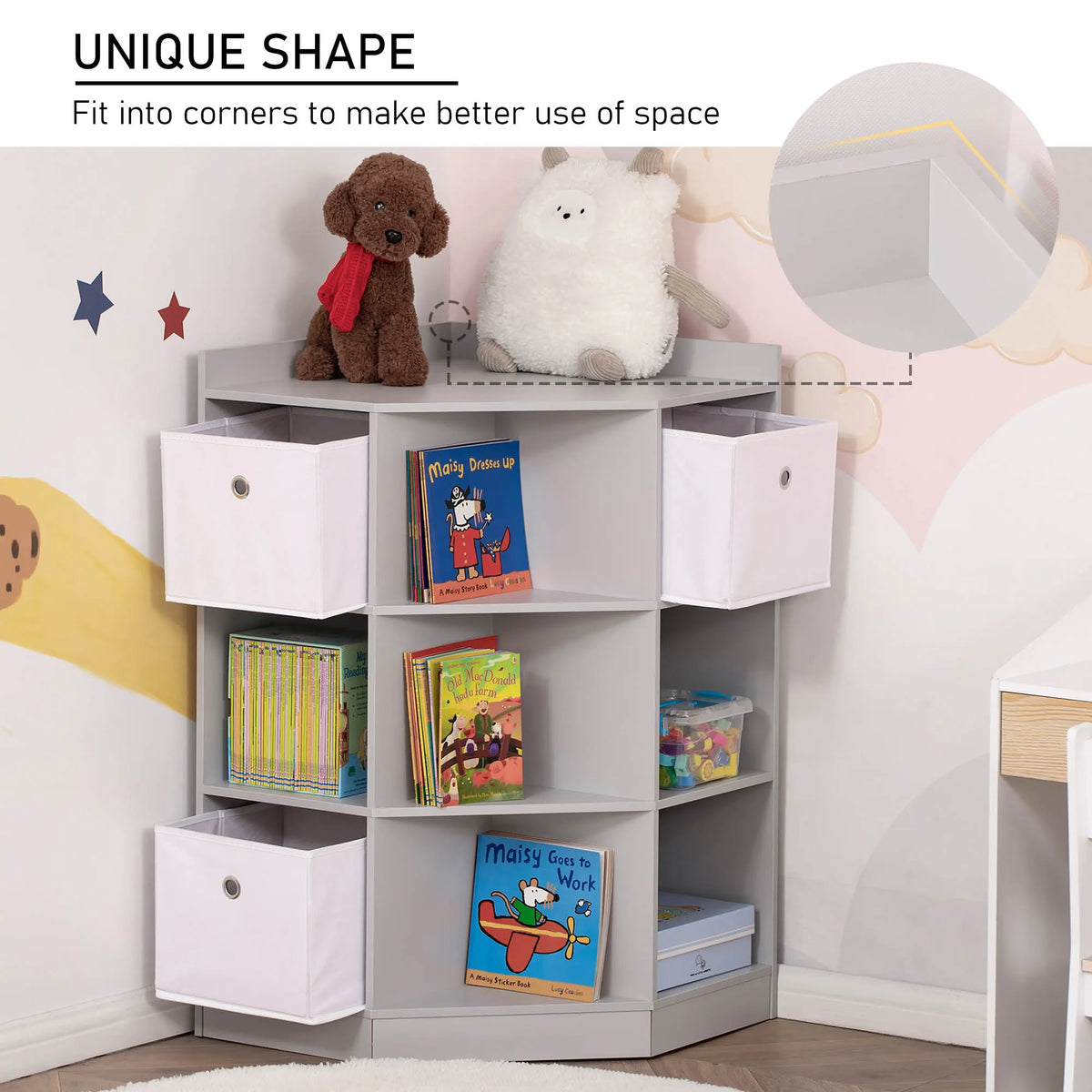 Kids Corner Bookcase 3 Tier with 9 Compartments and 3 Fabric Drawers Anti Tip Device MDF Melamine