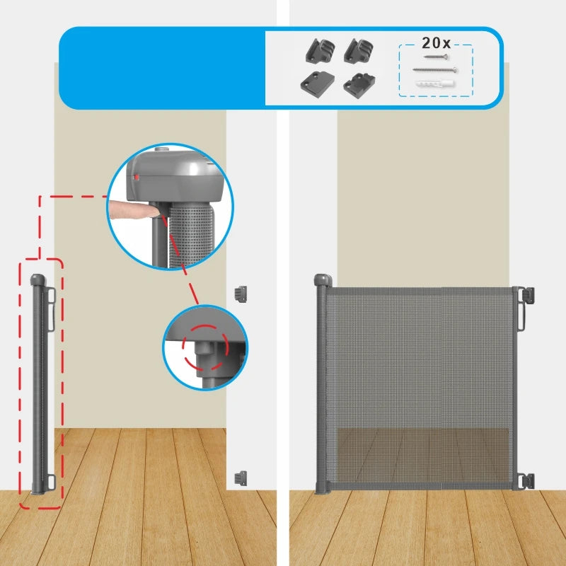 Feytory Retractable Stair Gate 130x88.9cm Metal Mesh Baby Dog Gate One Hand Operation White