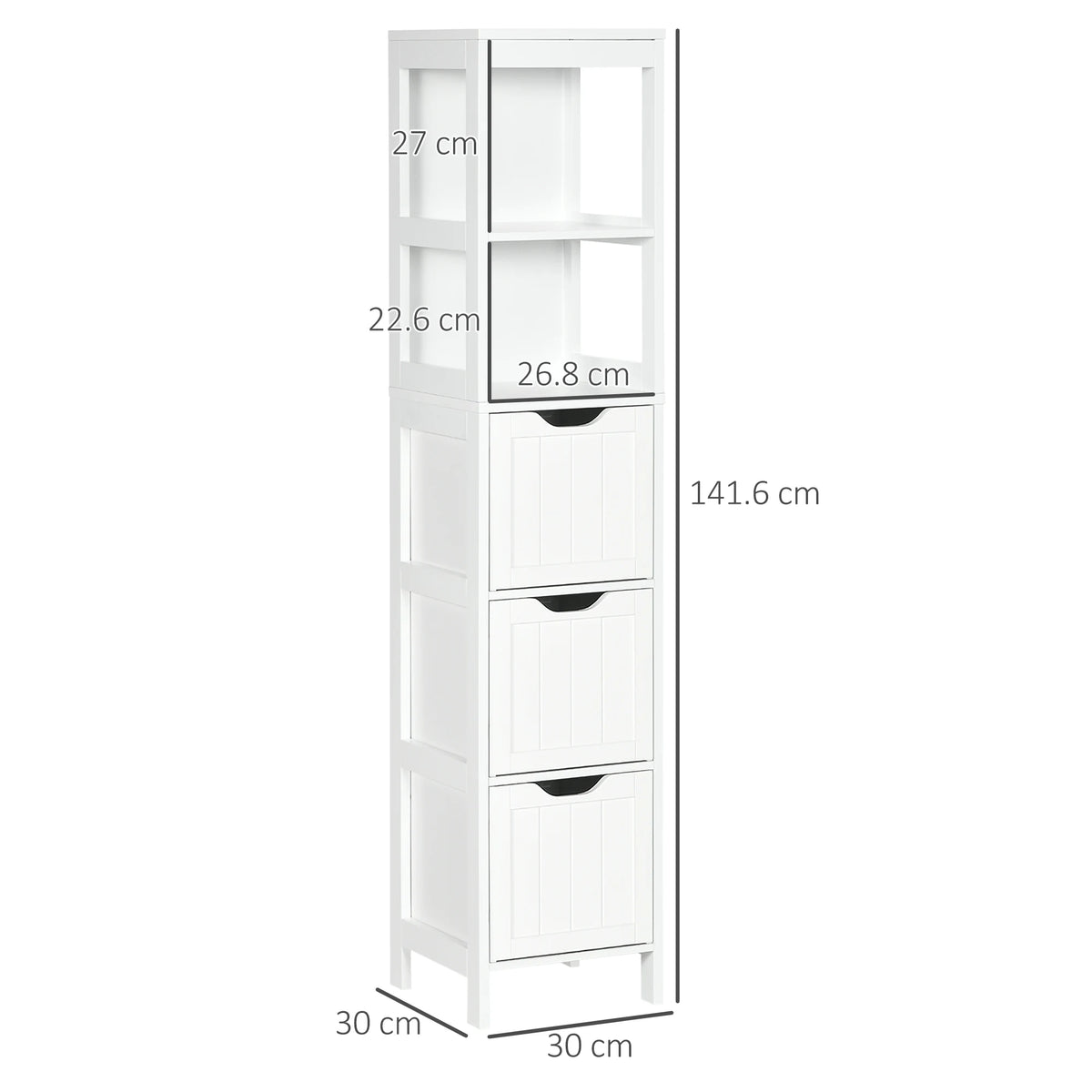 Tall Slim Bathroom Cabinet with 3 Drawers and 2 Open Shelves, White
