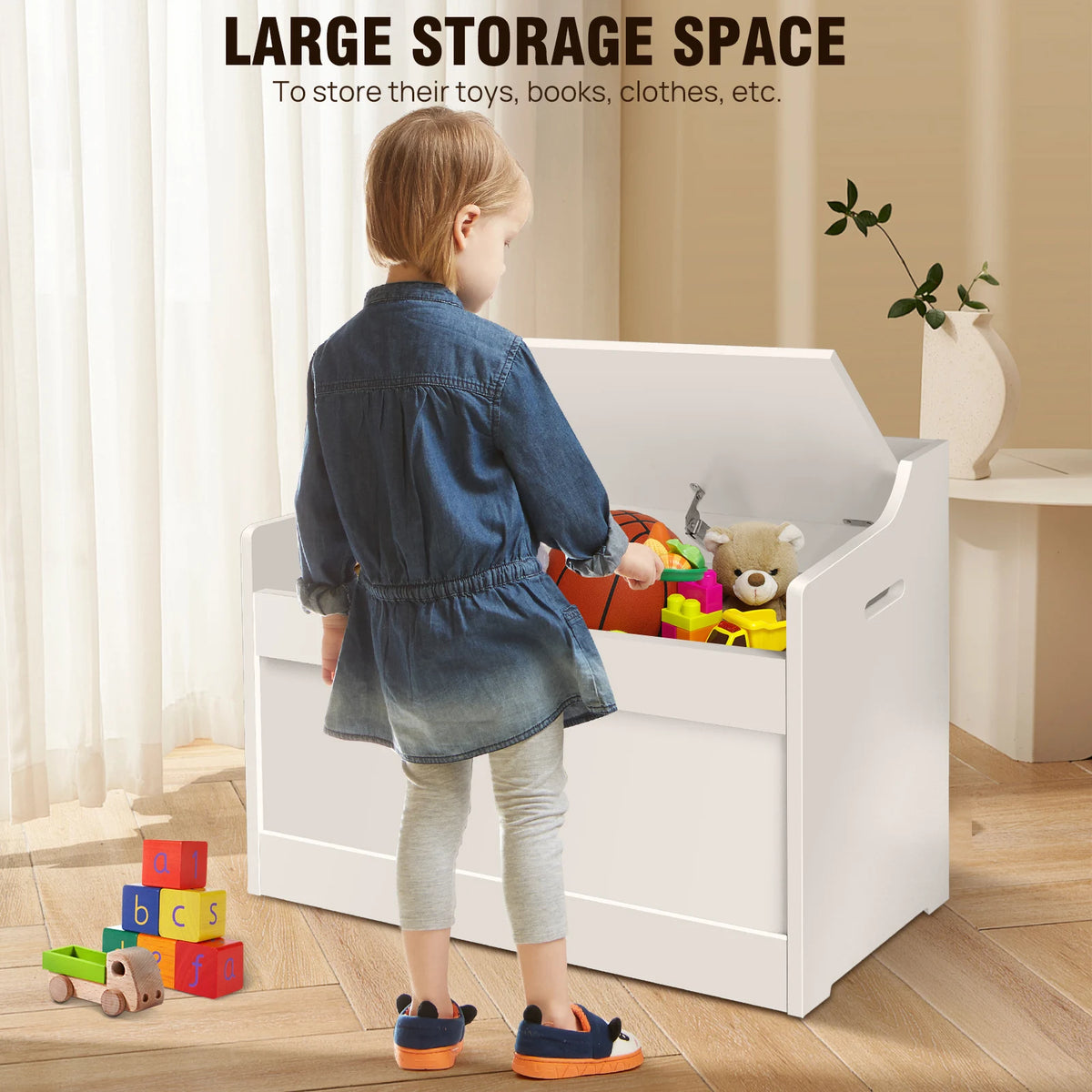 Wooden Storage Box and Bench 40x62.2x46cm 2 in 1 Toy and Blanket Chest MDF Safety Hinge U Shaped Cutout