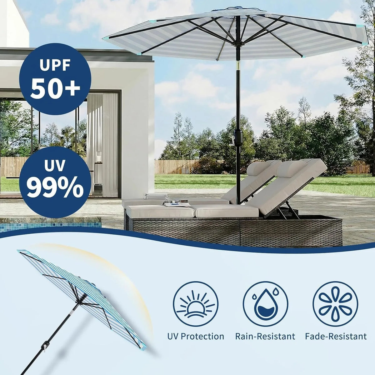 Octagonal Patio Umbrella, Blue & White Stripe Garden Parasol with Crank and Tilt, 270cm