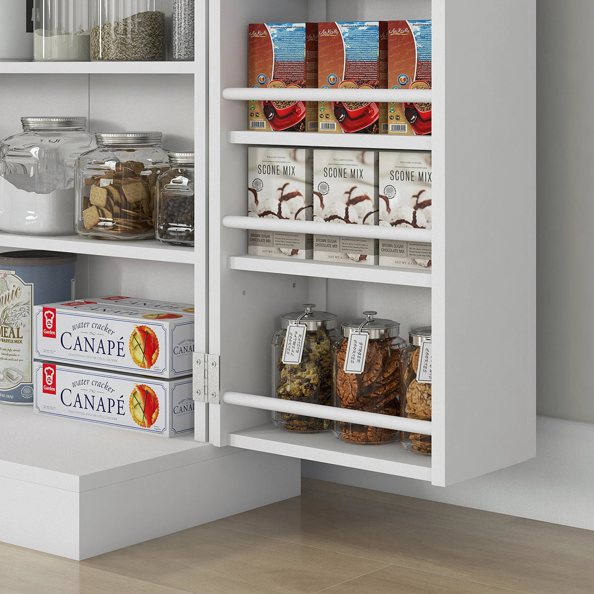 Kitchen Cupboard with Double Doors, 5-Tier Shelf, 12 Spice Racks, White