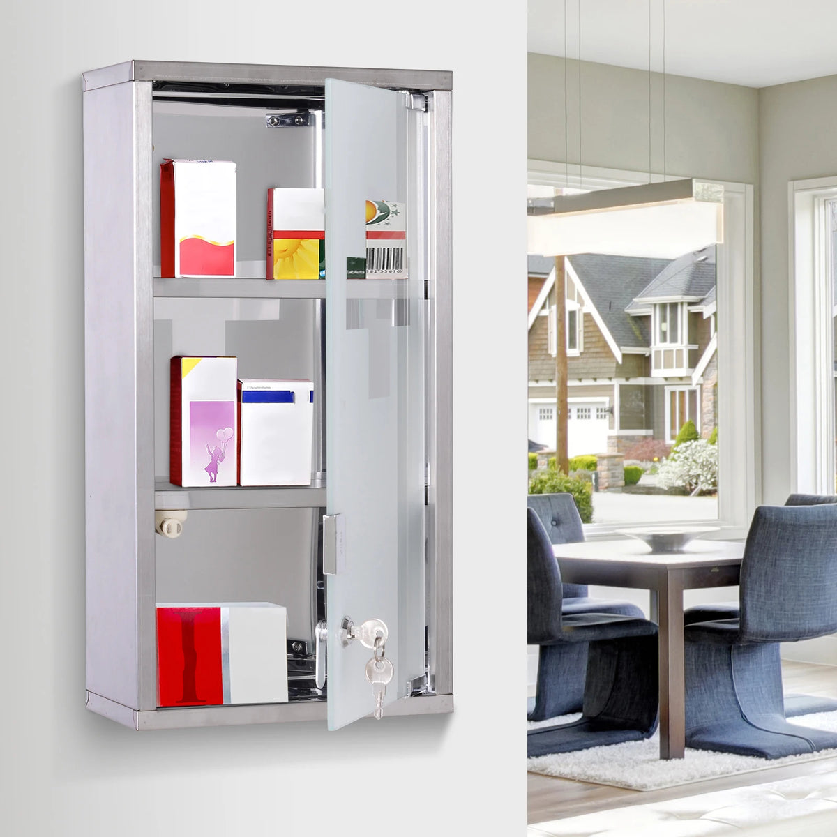 Lockable Medicine Cabinet 48x25x12cm Wall Mounted First Aid Box with Security Glass Door 2 Keys Silver