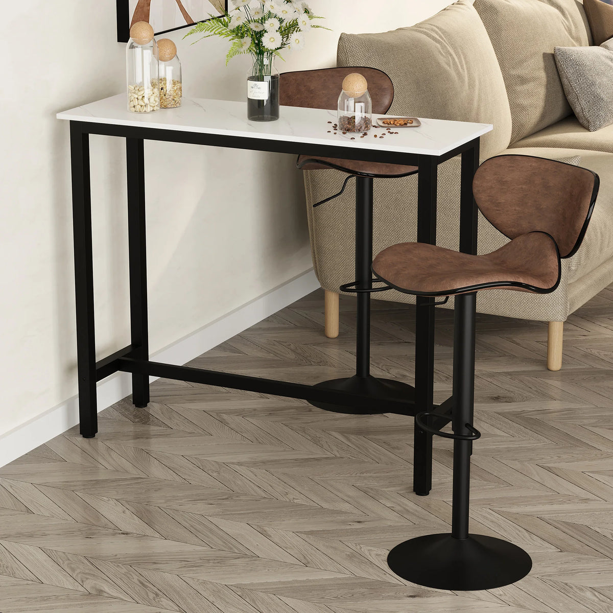 Bar Table with Marble-Effect Top, Adjustable Footpads