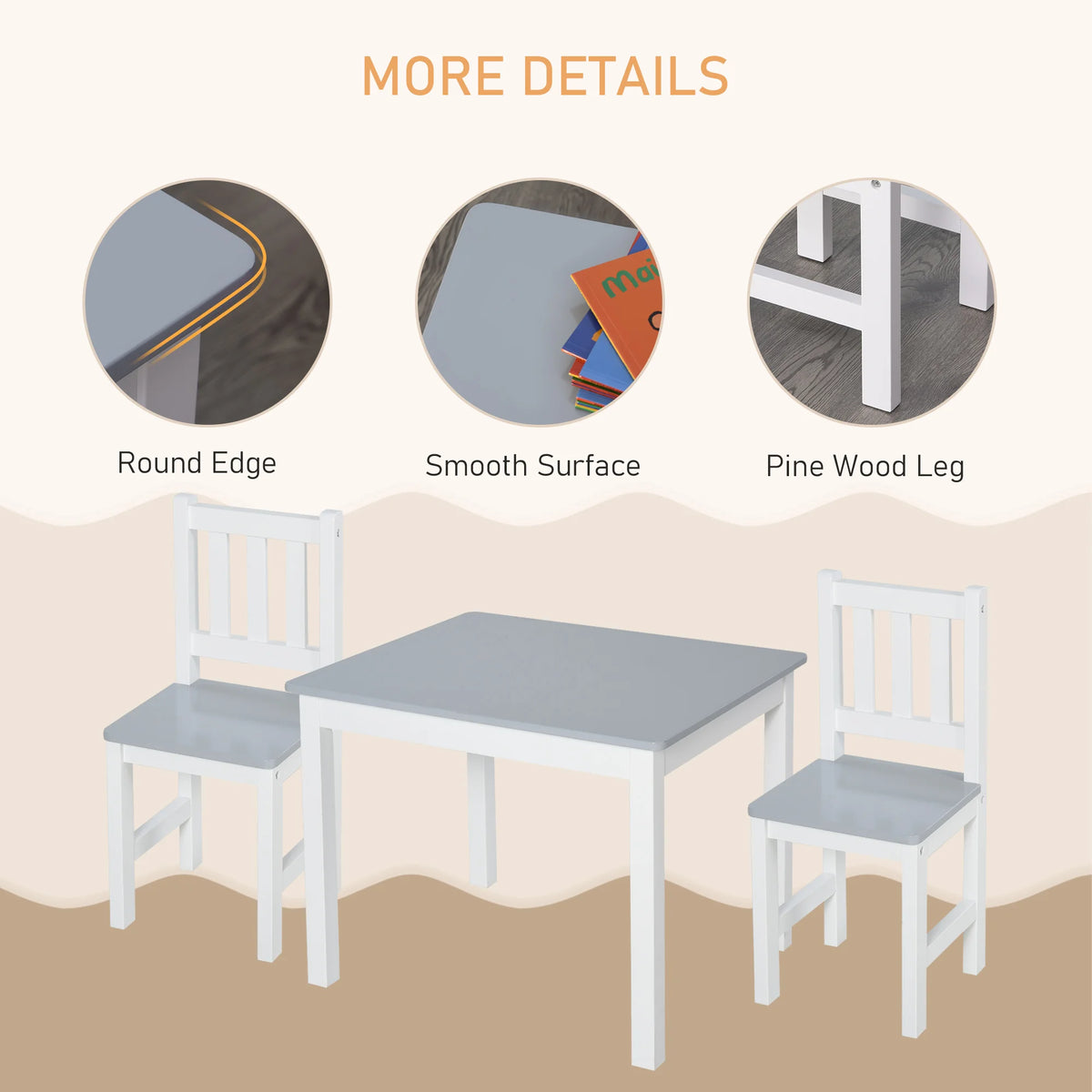 3 Piece Kids Table and Chair Set 60x50x48cm Pine Wood and MDF Toddler Desk with 2 Chairs Grey and White