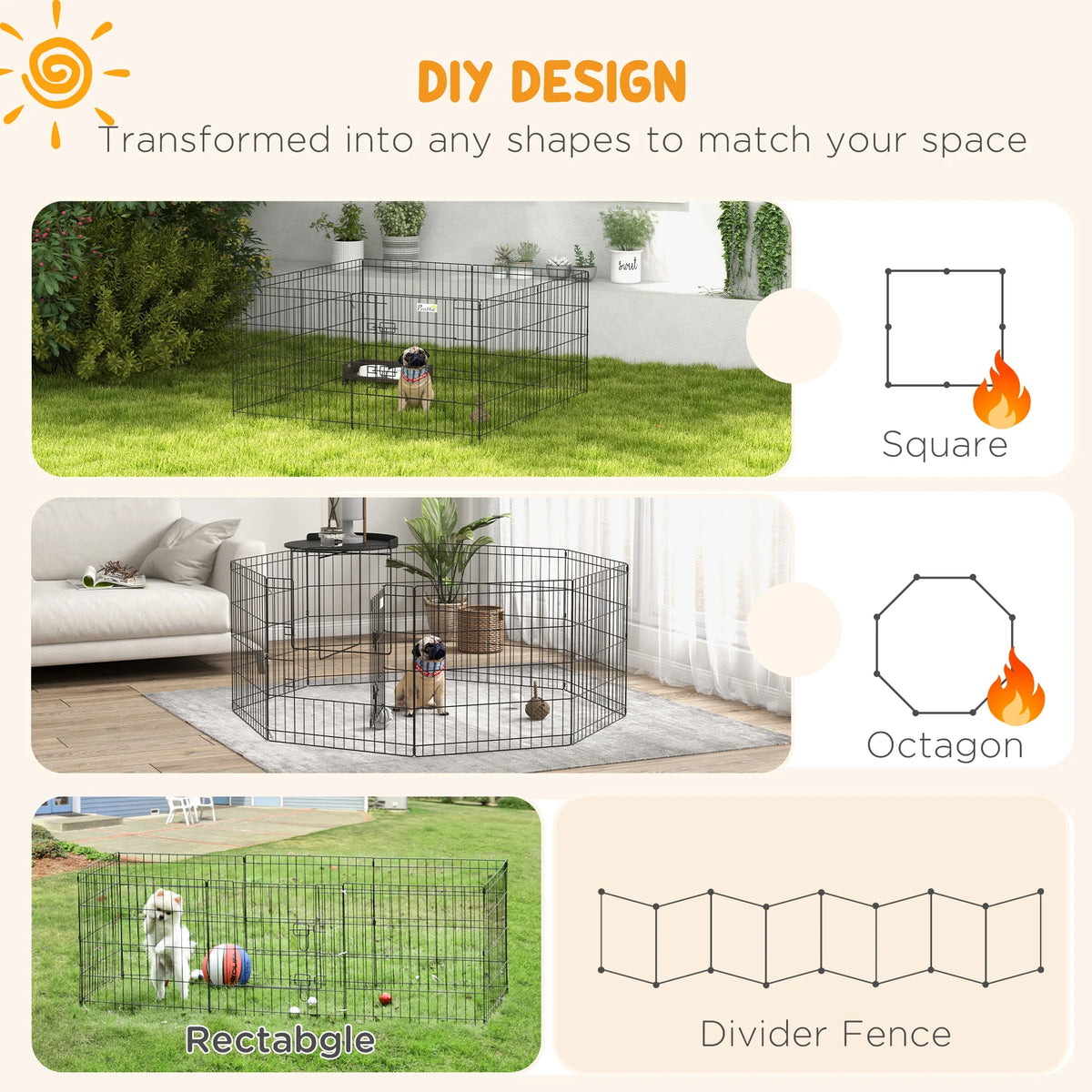 24in Eight-Panel Dog Playpen, Metal Puppy Pen with Lockable Door, Black